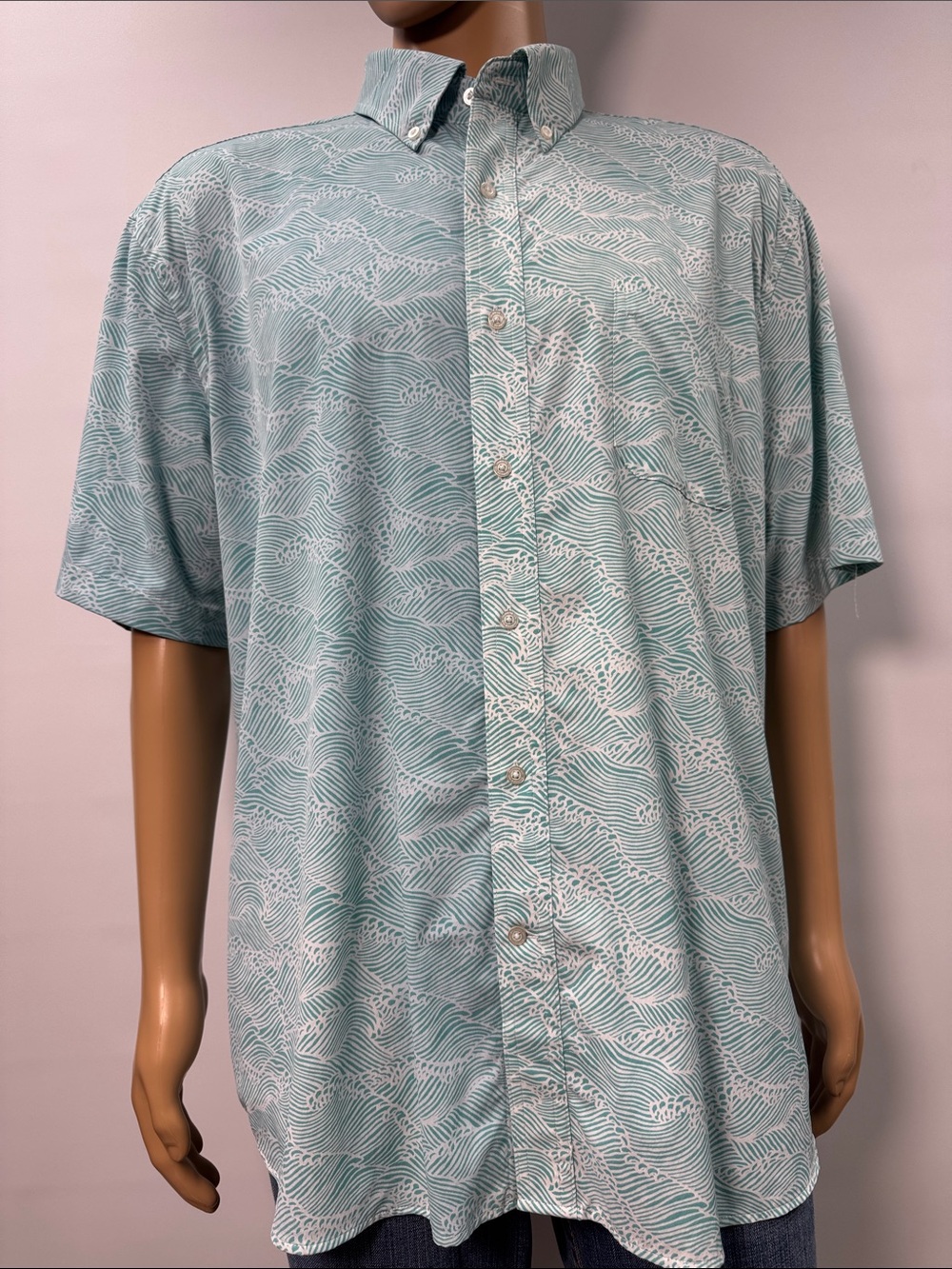 Southern Tide Reyn Spooner Seafoam & White Wave Print Performance Shirt Size XXL